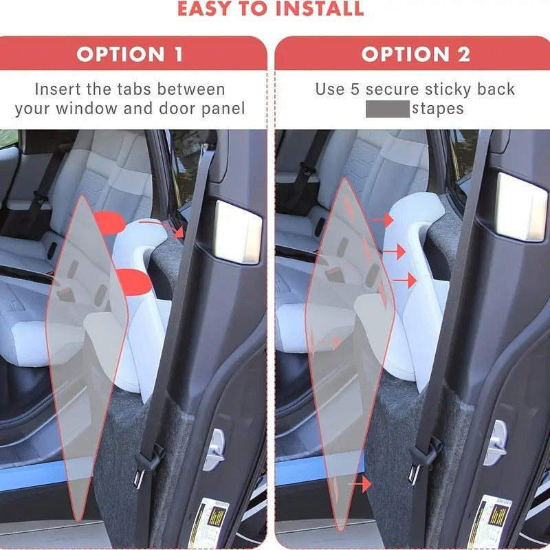 BarkMiles dog car door protector installation options using window tabs or adhesive strips