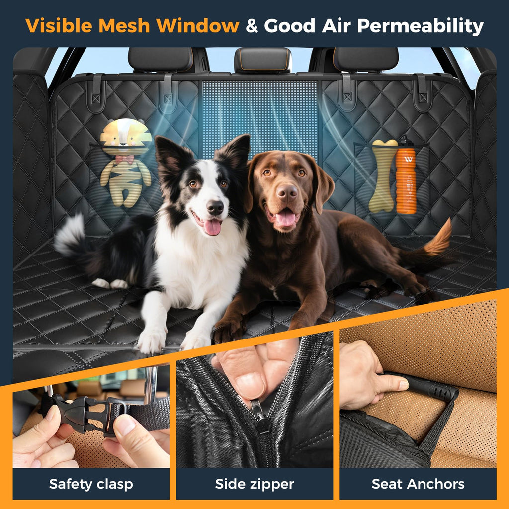 BarkMiles dog back seat extender mesh window, safety clasp, zipper and seat anchor features