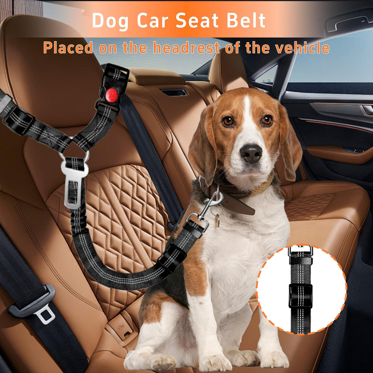 BarkMiles adjustable dog headrest tether installed in a vehicle with dog