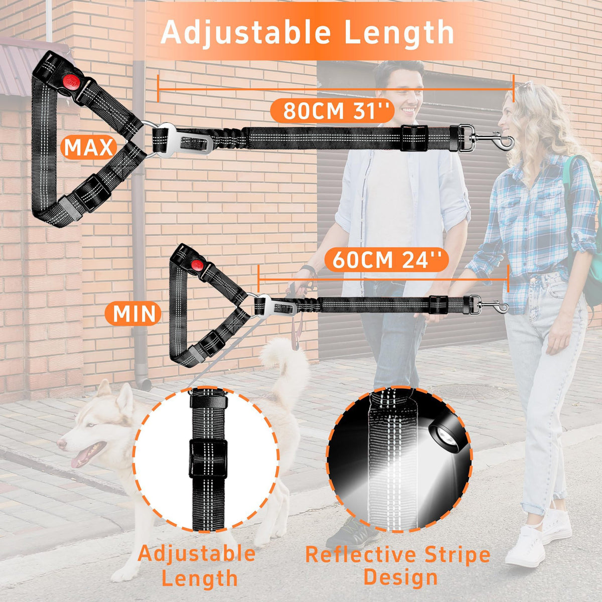 BarkMiles adjustable dog headrest tether length from approximately 24 to 31 inches with reflective stitching